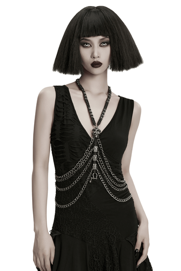 Layered Metal Skull Necklace with Gothic Chain Harness